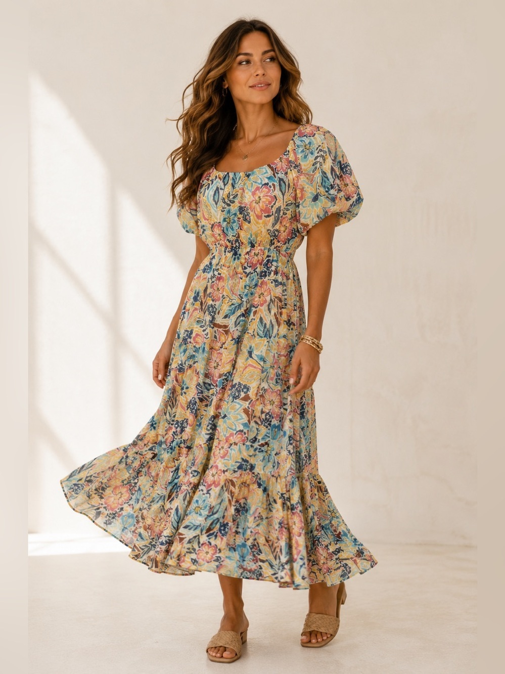 Patrons of Peace Floral Midi Dress Small Puff Sleeve Tiered Boho Cottagecore